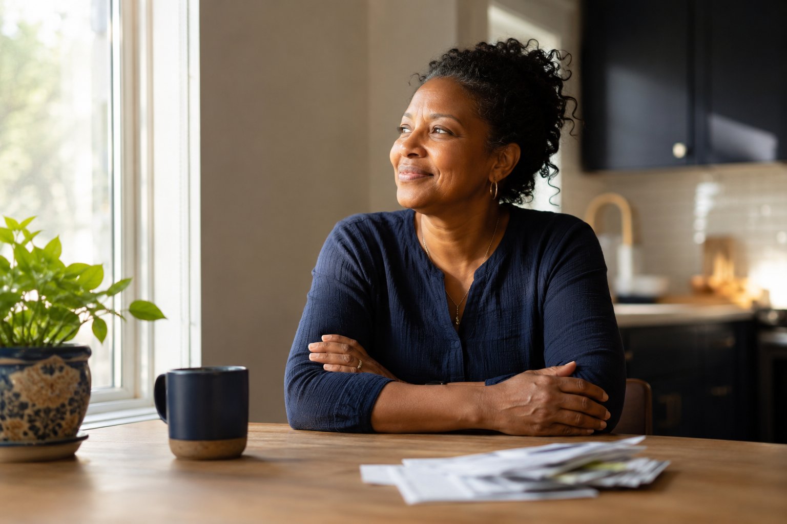 Woman smiling with relief at her kitchen table after getting bankruptcy help in Florida