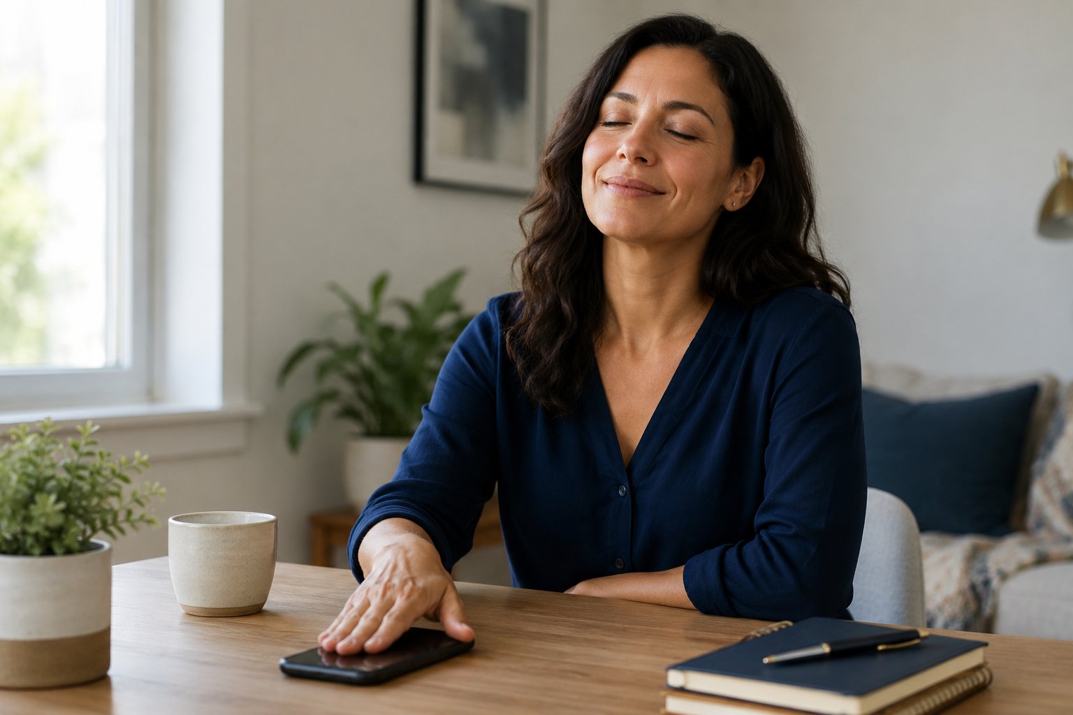 Woman sitting calmly with her eyes closed, relieved after debt collection harassment stops