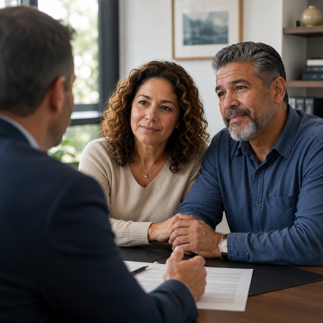 Couple meeting with a Florida debt relief attorney, listening attentively during a consultation