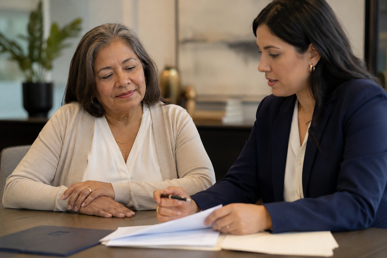 Two women reviewing legal documents together while defending a Florida debt collection lawsuit