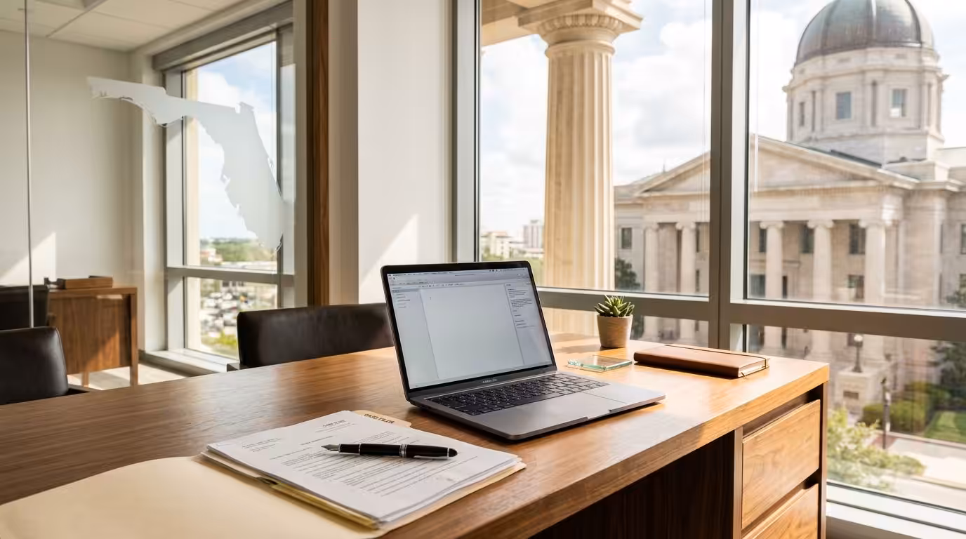 a Modern Office with a Wooden Desk, Open Laptop, Paperwork, and a Small Plant. Large Windows Show a City View—with a Historic Domed Building—plus a Florida State Decal Noting How to File an Answer in Florida After You File an Answer in Court. - Ziegler Diamond Law After You File an Answer in Florida Court