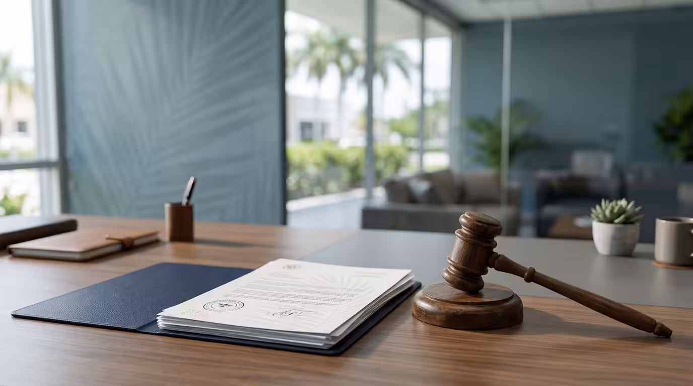 a Gavel Rests on a Desk Next to Legal Documents and a Notebook, Offering a Glimpse of Lush Greenery Through a Large Window—an Inviting Scene for Discussing Florida Debt Defense and What to Expect Regarding Court Costs. - Ziegler Diamond Law Florida Debt Defense Court Costs: What to Expect