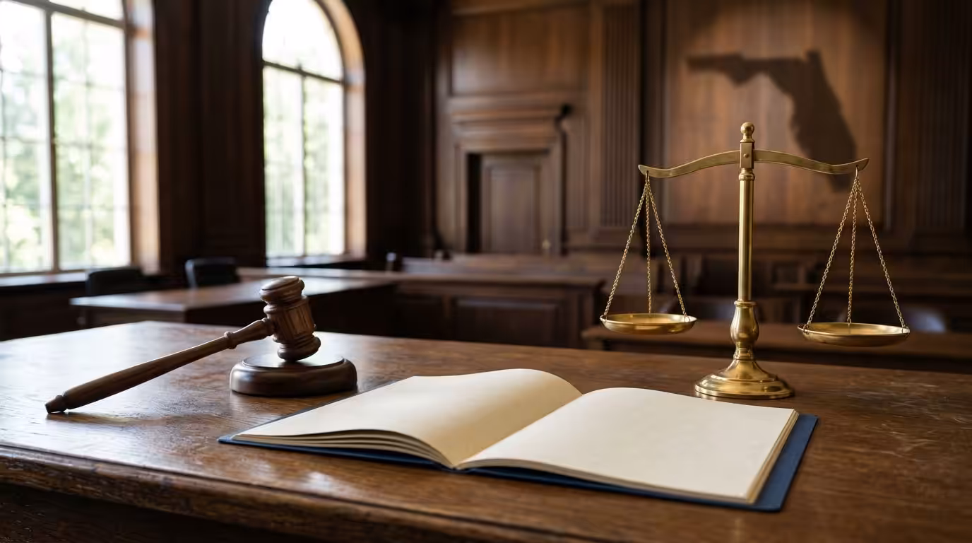 A wooden gavel and justice scales rest on a desk in soft morning light.