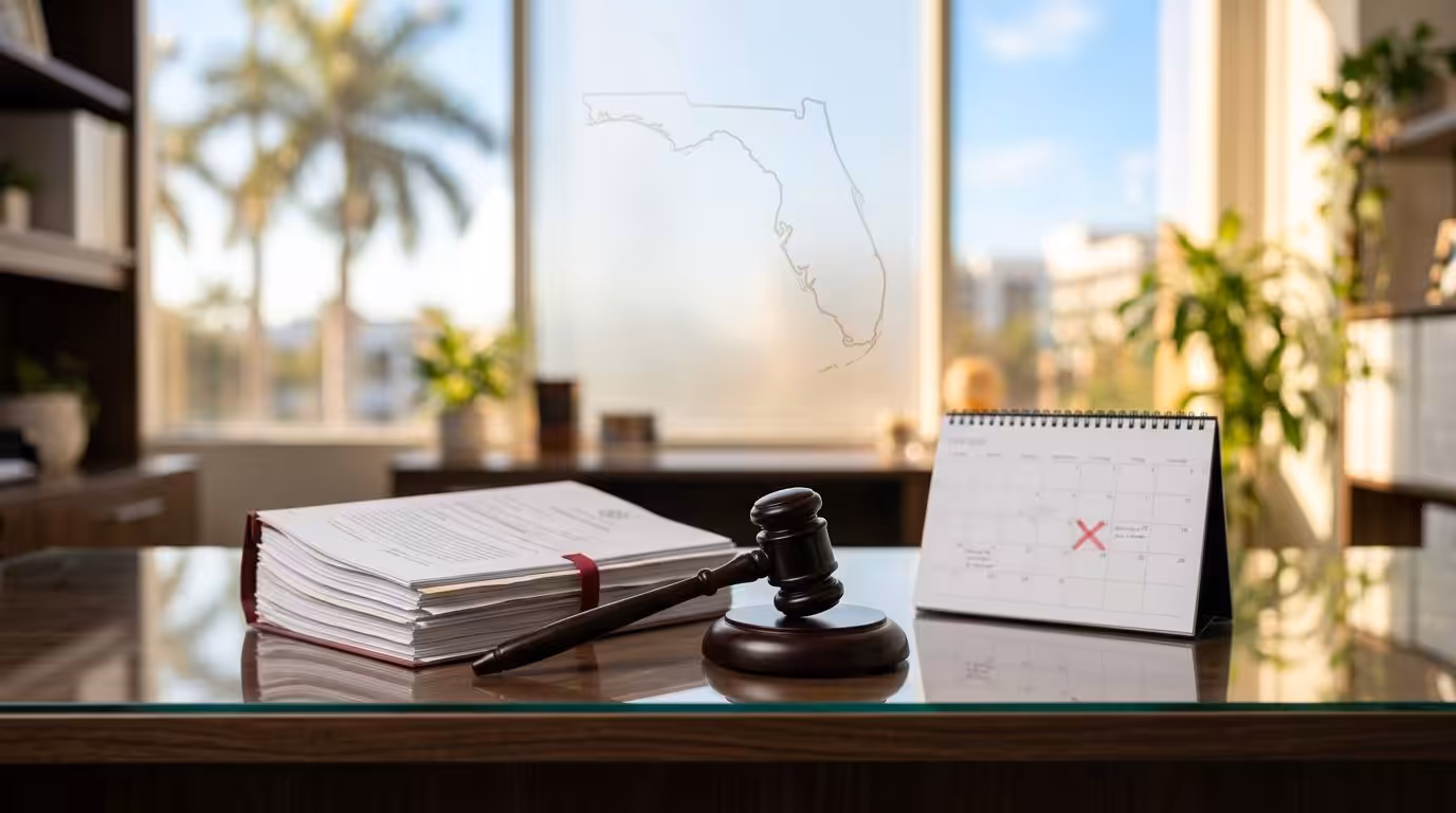 a Judge's Gavel, a Stack of Legal Documents, and a Desk Calendar with a Red X Marking the Date of a Florida 341 Meeting Sit on an Office Desk, While a Window Reveals the Outline of Florida and Palm Trees in the Background. - Ziegler Diamond Law Missed Your Florida 341 Meeting? Here's What Happens