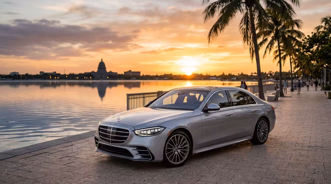 a Silver Mercedes-benz Sedan, Possibly Facing Car Repossession After Bankruptcy, is Parked by a Waterfront Promenade at Sunset in Florida, with Palm Trees and a Domed Building in the Background. - Ziegler Diamond Law Navigating Car Repossession and Bankruptcy in Florida: Your Options