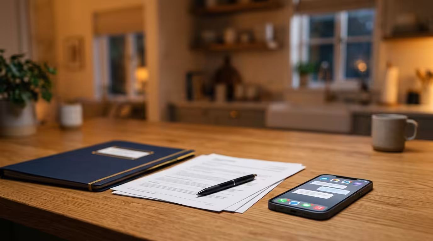 a Pen, Documents, a Closed Folder, and a Smartphone with Unwanted Debt Texts Are on a Wooden Table in a Warmly Lit Kitchen. a Mug and a Plant Are in the Background. - Ziegler Diamond Law What to Save After Unwanted Debt Collection Texts
