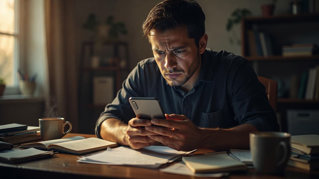 A person looks at their smartphone with a stressed expression while sitting at a wooden desk in a dimly lit room.