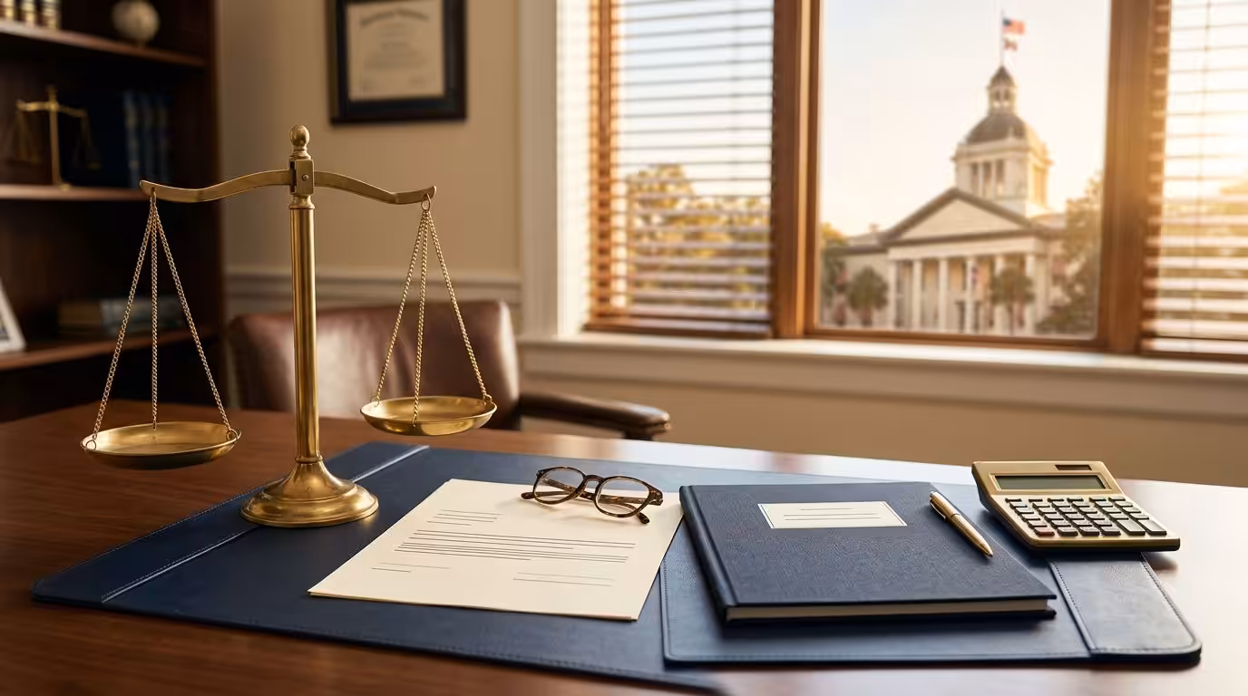 Legal documents, a calculator, glasses, and justice scales sit on a sunlit office desk.