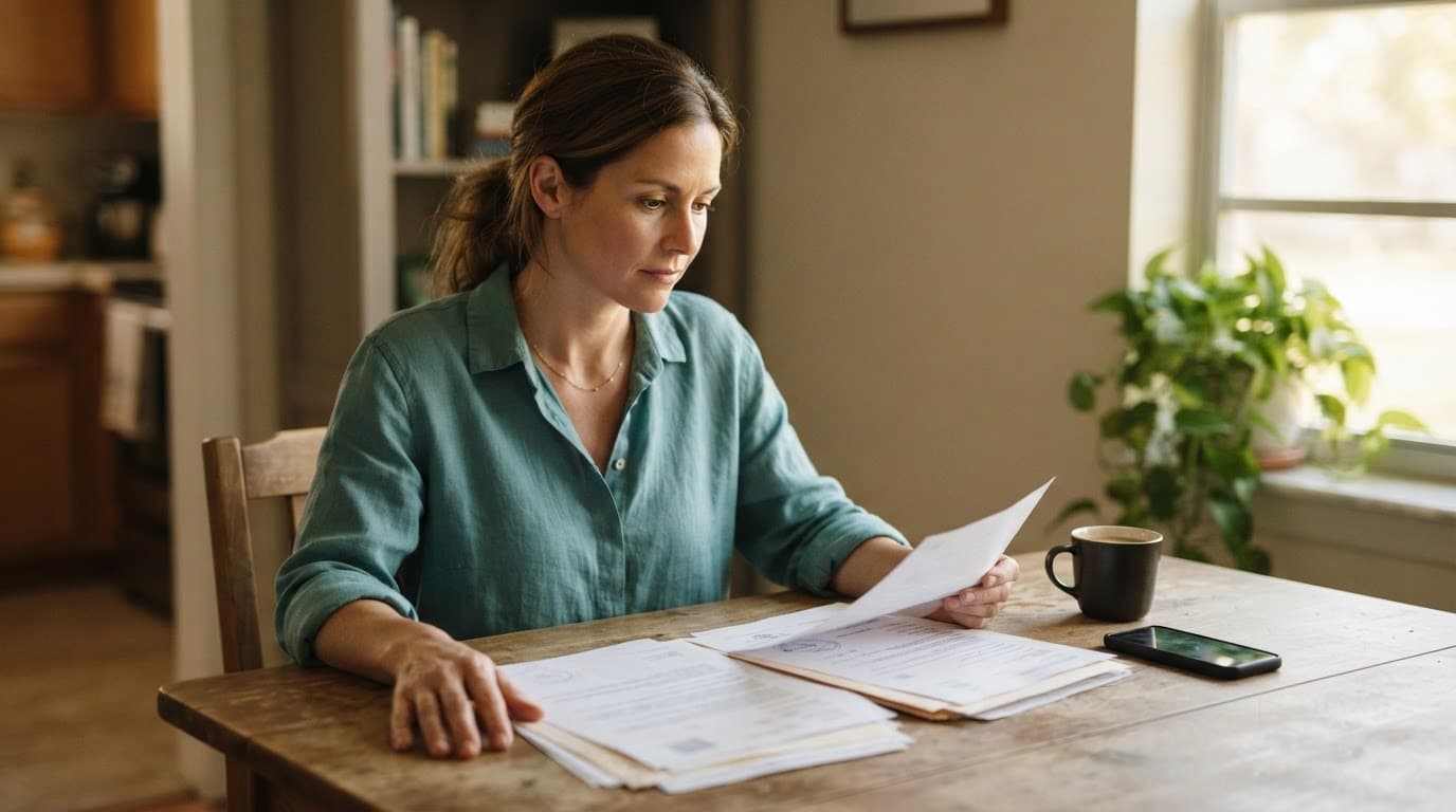 A consumer organizes legal papers beside a phone and coffee mug at a kitchen table.