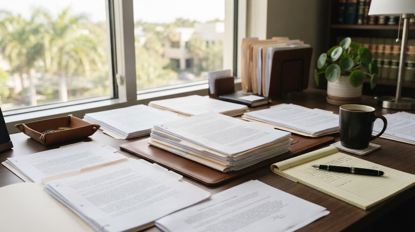 Legal paperwork, a pen, and coffee sit on a desk in soft window light.