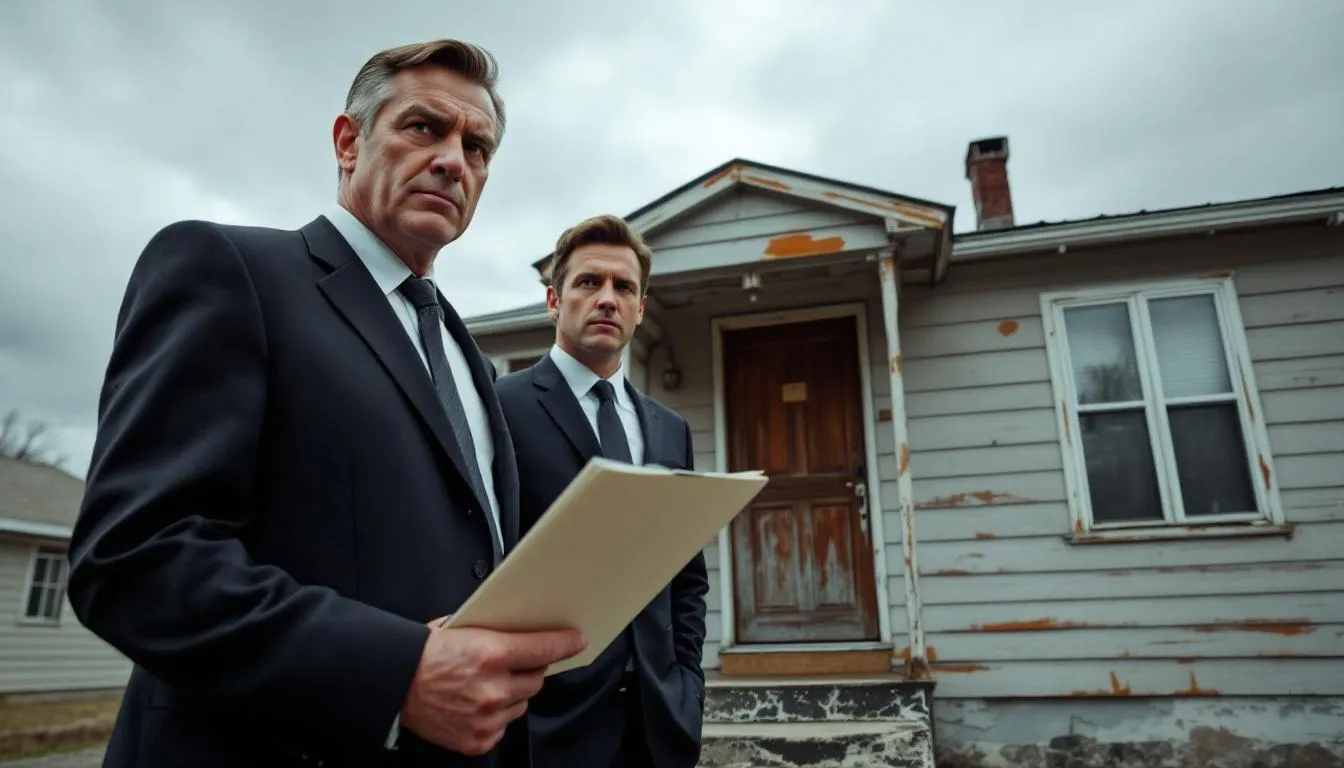 Two men in suits holding legal papers outside a home, illustrating a debt collection lawsuit